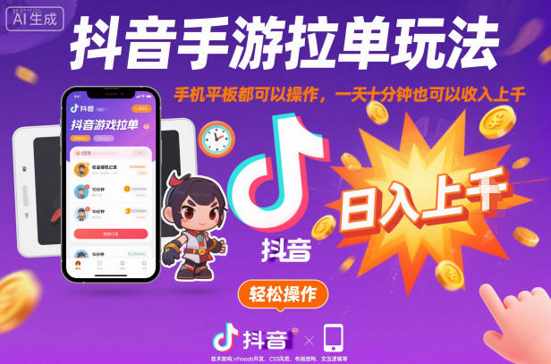 抖音手游拉单玩法，手机平板都可以操作，一天十分钟也可以收入上K【揭秘】-第一资源库