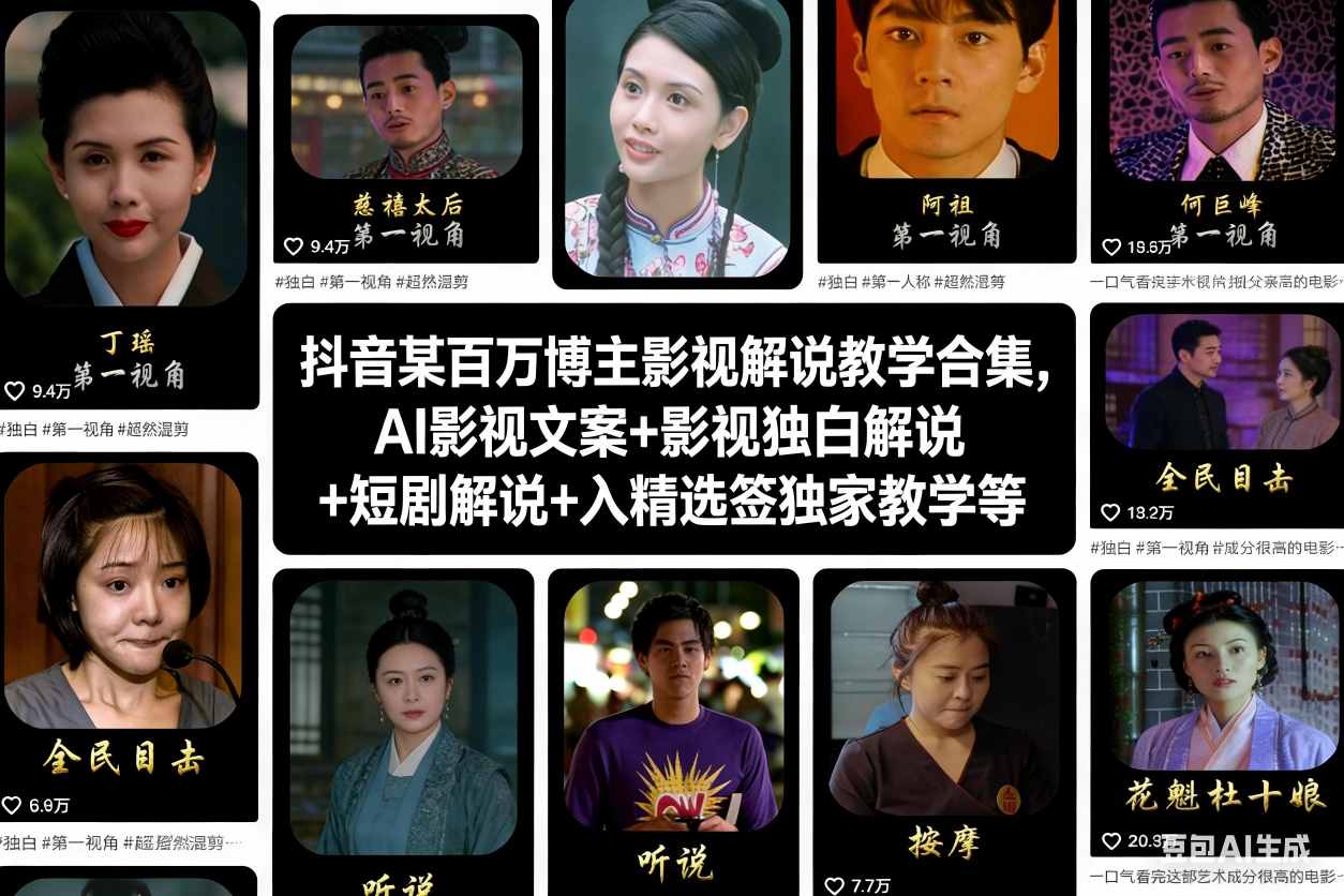 抖音某百万博主影视解说教学合集，AI影视文案+影视独白解说+短剧解说+入精选签独家教学等-第一资源库
