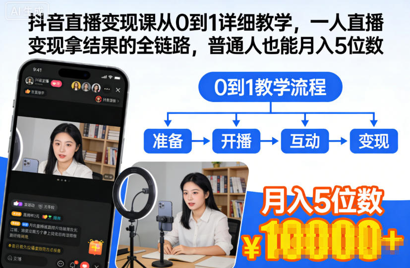 抖音直播变现课从0到1详细教学，一人直播变现拿结果的全链路，普通人也能月入5位数-第一资源库