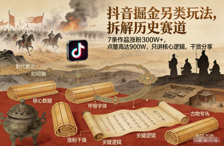 抖音掘金另类玩法，拆解历史赛道，7条作品涨粉300W+，点赞量高达900W，只讲核心逻辑，干货分享-第一资源库