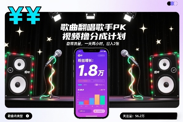 歌曲翻唱歌手PK视频撸分成计划，自带流量，一天两小时，日入2张-第一资源库
