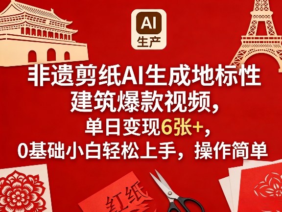 非遗剪纸AI生成地标性建筑爆款视频，单日变现6张+，0基础小白轻松上手，操作简单-菠萝头