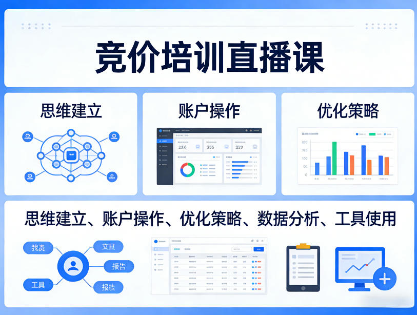 竞价培训直播课，覆盖思维建立、账户操作、优化策略、数据分析、工具使用等，全方位提升效果-菠萝头