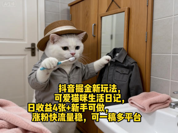 抖音掘金新玩法，可爱猫咪生活日记，日收益4张+新手可做，涨粉快流量稳，可一稿多平台-菠萝头