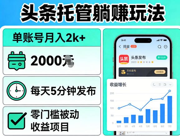 头条托管躺賺玩法，单账号月入2k+，每天5分钟发布即可，零门槛被动收益项目【揭秘】-菠萝头