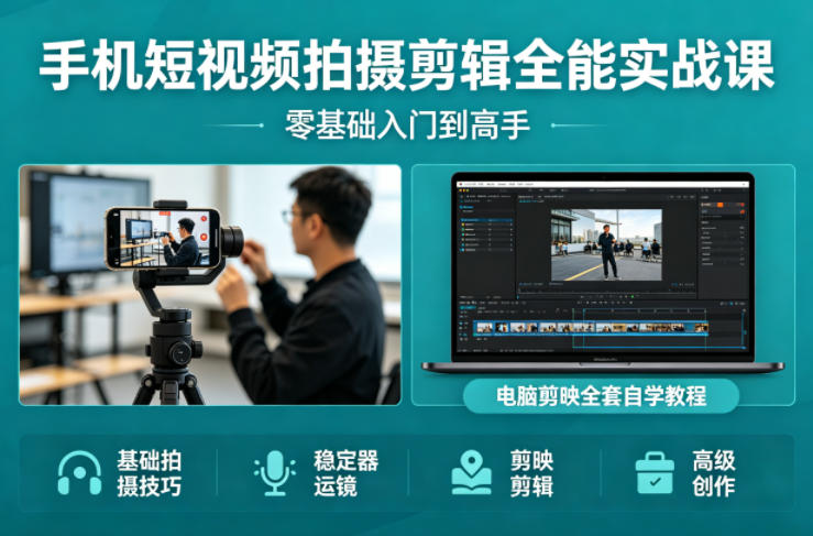 手机短视频拍摄剪辑全能实战课：零基础入门到高手，稳定器运镜+电脑剪映全套自学教程-菠萝头