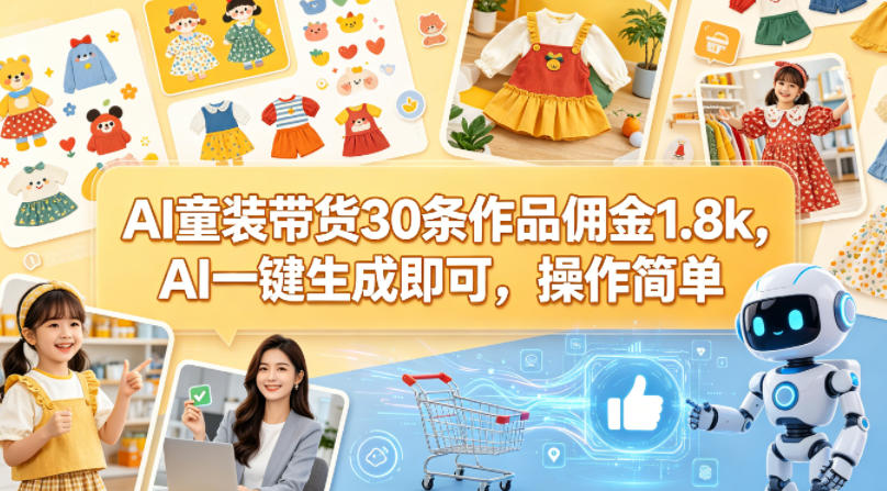 AI童装带货30条作品佣金1.8k，AI一键生成即可，操作简单-菠萝头