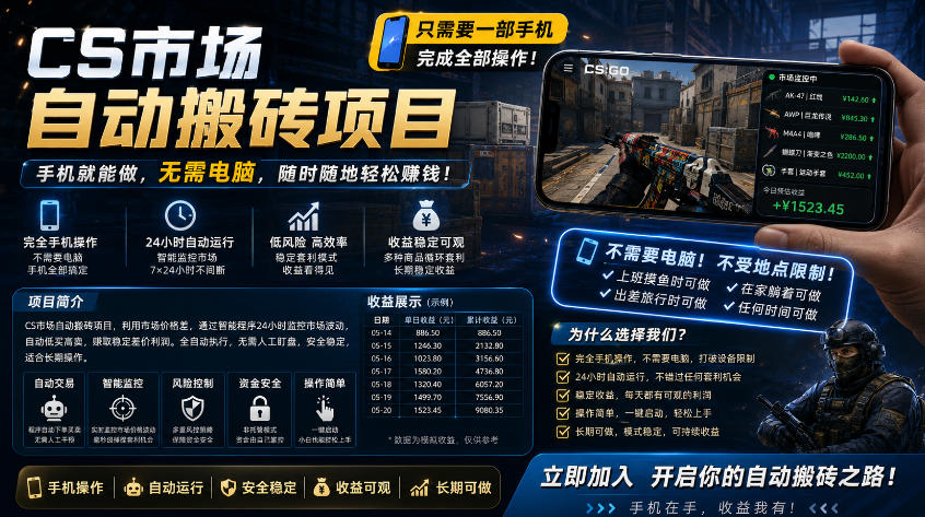 手机即可操作的CS市场自动搬砖系统｜自动监控｜自动下单|日入300+【揭秘】-菠萝头
