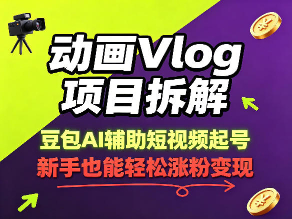 动画Vlog项目拆解，豆包AI辅助短视频起号，新手也能轻松涨粉，43条作品涨粉8.3W-菠萝头
