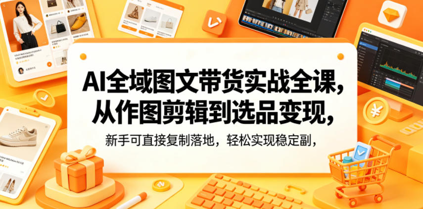 AI全域图文带货实战全课，从作图剪辑到选品变现，新手可直接复制落地，轻松实现稳定副业增收-菠萝头