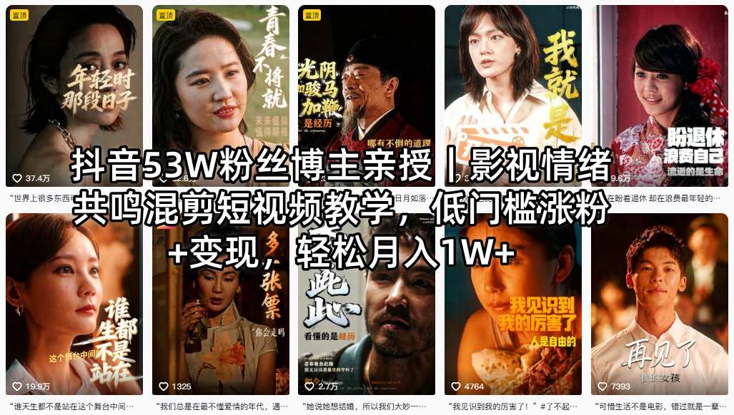 抖音53W粉丝博主亲授｜影视情绪共鸣混剪短视频教学，低门槛涨粉+变现，轻松月入1W+-菠萝头