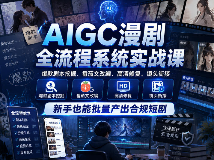 AIGC漫剧全流程系统实战课，爆款剧本挖掘、番茄文改编、高清修复、镜头衔接，新手也能批量产出合规短剧-菠萝头