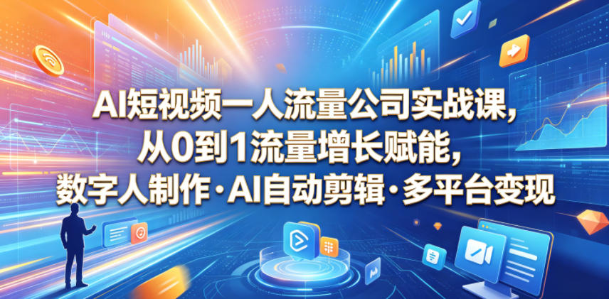 AI短视频一人流量公司实战课，从0到1流量增长赋能，数字人制作・AI自动剪辑・多平台变现，一人做流量生意全落地教程-菠萝头