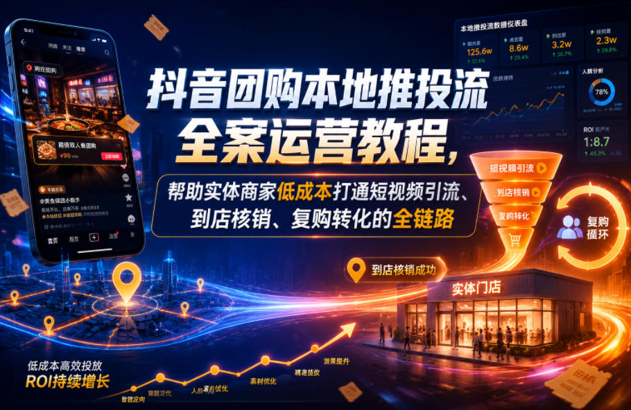抖音团购本地推投流全案运营教程，帮助实体商家低成本打通短视频引流、到店核销、复购转化的全链路-菠萝头