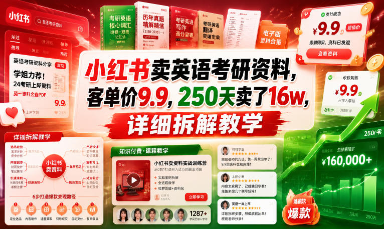 小红书卖英语考研资料，客单价9.9，250天卖了16w，详细拆解教学-菠萝头
