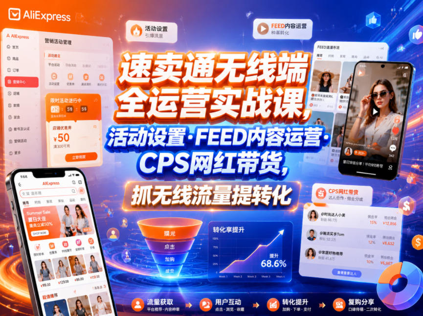 速卖通无线端全运营实战课，活动设置・FEED内容运营・CPS网红带货，抓无线流量提转化-菠萝头