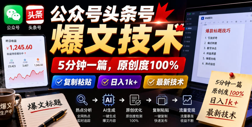 公众号头条号爆文技术，5分钟一篇，原创度100%，复制粘贴，日入1k+，最新技术【揭秘】-菠萝头