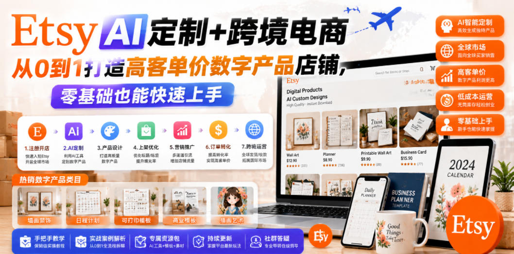 Etsy AI定制+跨境电商，从0到1打造高客单价数字产品店铺，零基础也能快速上手-菠萝头