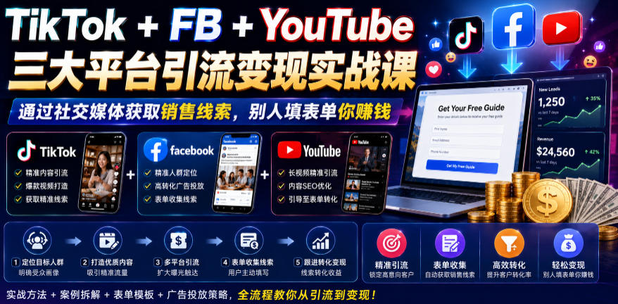 TikTok+FB+YouTube三大平台引流变现实战课，通过社交媒体获取销售线索，别人填表单你賺钱【原创双语字幕】-菠萝头