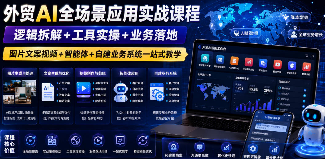 外贸AI全场景应用实战课程｜逻辑拆解+工具实操+业务落地，图片文案视频+智能体+自建业务系统一站式教学-菠萝头