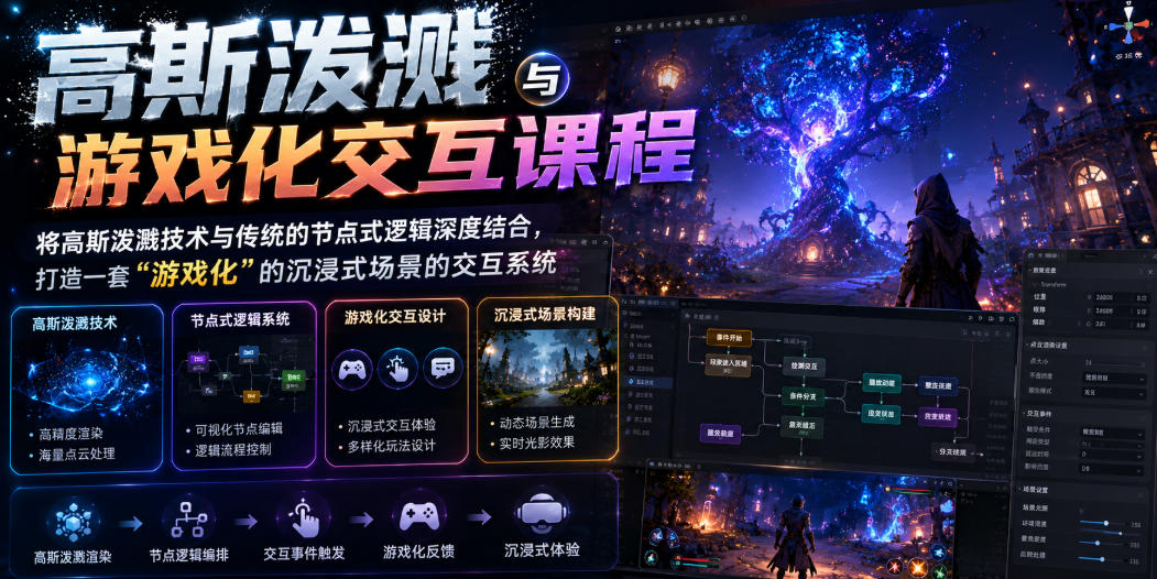 高斯泼溅与游戏化交互课程，将高斯泼溅技术与传统的节点式逻辑深度结合，打造一套“游戏化”的沉浸式场景的交互系统-菠萝头