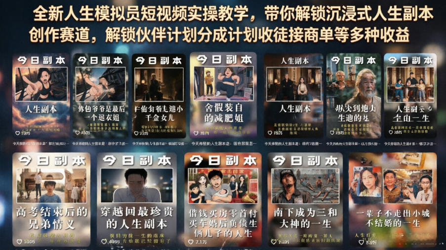 全新人生模拟员短视频实操教学，带你解锁沉浸式人生副本创作赛道，解锁伙伴计划分成计划收徒接商单等多种收益-菠萝头