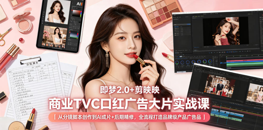 即梦2.0+剪映商业TVC口红广告大片实战课｜从分镜脚本创作到AI成片+后期精修，全流程打造品牌级产品广告-菠萝头