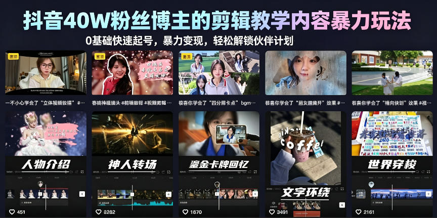 抖音40W粉丝博主的剪辑教学内容暴力玩法，0基础快速起号，暴力变现，轻松解锁伙伴计划+精选独家-菠萝头