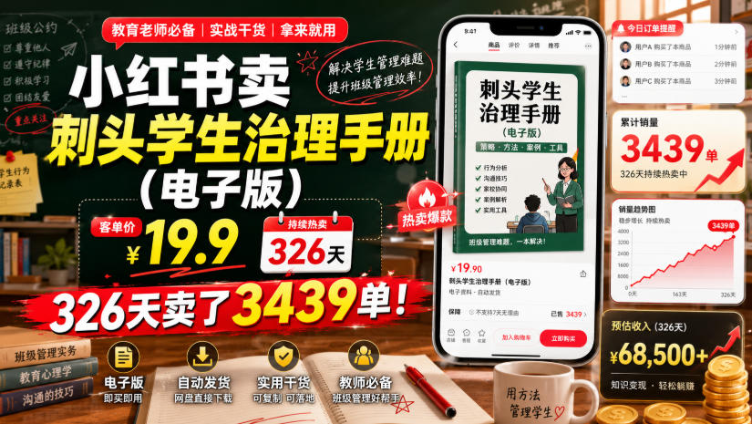 小红书卖刺头学生治理手册（电子版），客单价19.9，326天卖了3439单！-菠萝头