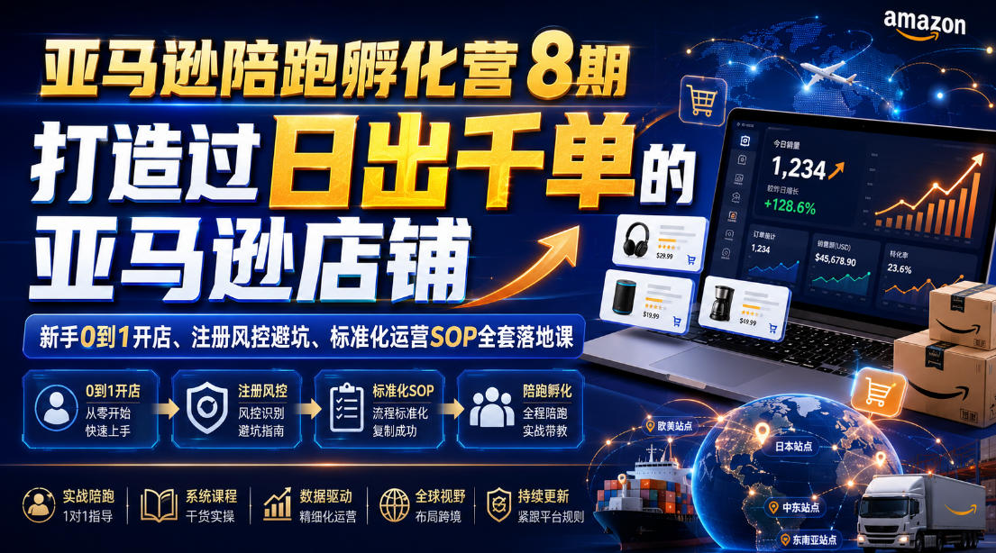 亚马逊陪跑孵化营8期，打造过日出千单的亚马逊店铺，新手0到1开店、注册风控避坑、标准化运营SOP全套落地课-菠萝头