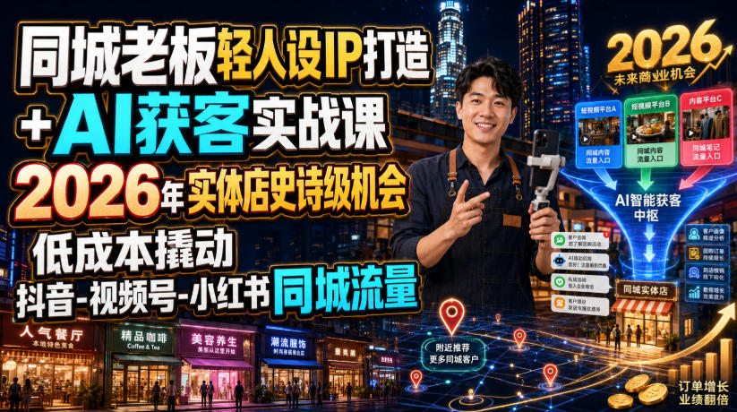 同城老板轻人设IP打造+AI获客实战课，2026年实体店史诗级机会，低成本撬动抖音-视频号-小红书同城流量-菠萝头