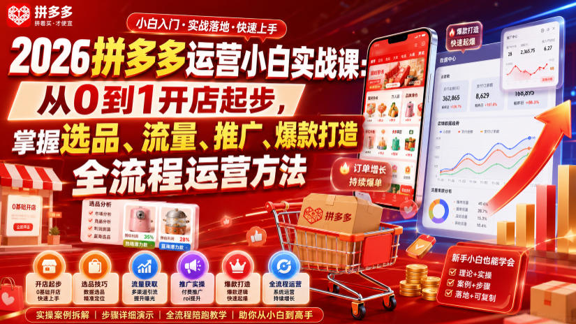 2026拼多多运营小白实战课：从0到1开店起步，掌握选品、流量、推广、爆款打造全流程运营方法-菠萝头
