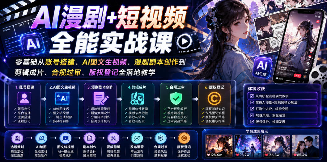 AI漫剧+短视频全能实战课｜零基础从账号搭建、AI图文生视频、漫剧剧本创作到剪辑成片、合规过审、版权登记全落地教学-菠萝头