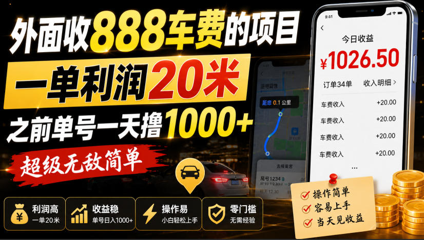 外面收888车费的项目，一单利润20米，之前单号一天撸1k+，超级无敌简单-菠萝头