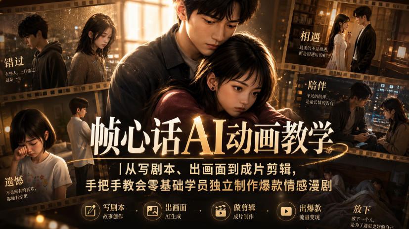 帧心话AI动画教学｜从写剧本、出画面到成片剪辑，手把手教会零基础学员独立制作爆款情感漫剧-菠萝头