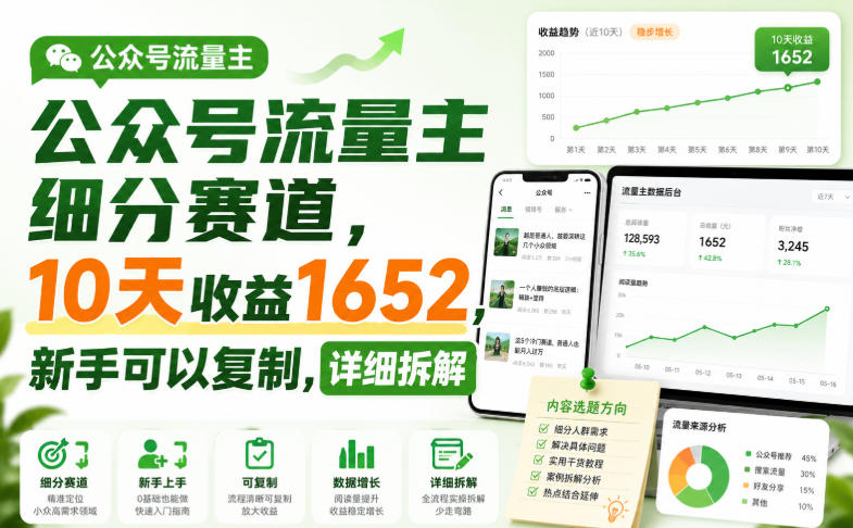 公众号流量主细分赛道，10天收益1652，新手可以复制，详细拆解-菠萝头