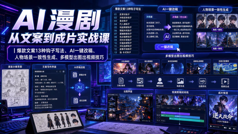 AI漫剧从文案到成片实战课｜爆款文案13种钩子写法、AI一键改稿、人物场景一致性生成、多模型出图出视频技巧-菠萝头