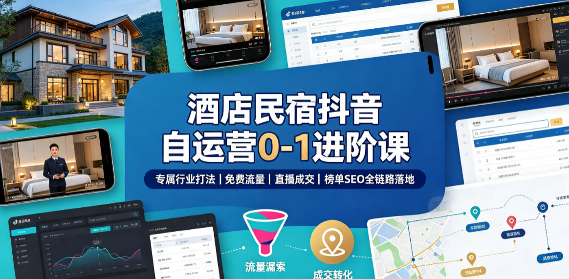 酒店民宿抖音自运营0-1进阶课｜专属行业打法、免费流量+直播成交+榜单SEO全链路落地-菠萝头