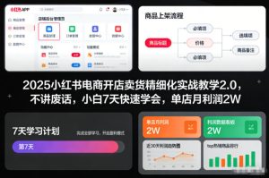 2025小红书电商开店卖货精细化实战教学2.0，不讲废话，小白7天快速学会，单店月利润2W-第一资源库