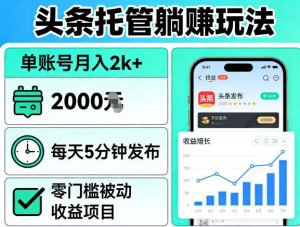 头条托管躺賺玩法，单账号月入2k+，每天5分钟发布即可，零门槛被动收益项目【揭秘】-菠萝头