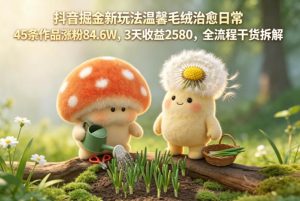 抖音掘金新玩法温馨毛绒治愈日常，45条作品涨粉84.6W，3天收益2580，全流程干货拆解-菠萝头
