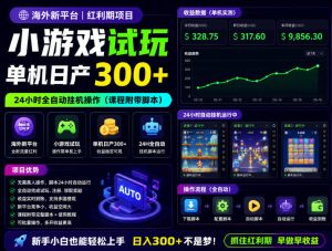 海外新平台,小游戏试玩,单机日产300+,24小时全自动挂G操作(课程附带脚本)【揭秘】-菠萝头