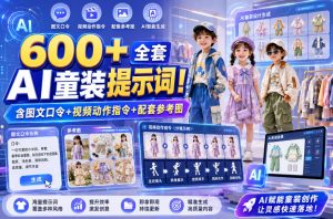 600+全套AI童装提示词!含图文口令+视频动作指令+配套参考图,Word-Excel规整分类,童装电商、种草无脑量产内容!-菠萝头